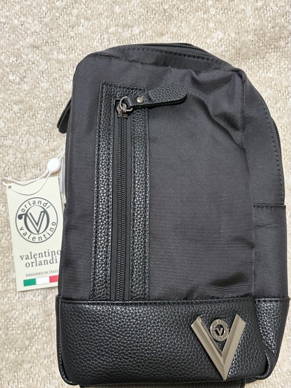 Valentino Orlandi City Black Men's Sling Crossbody with Silver V Logo